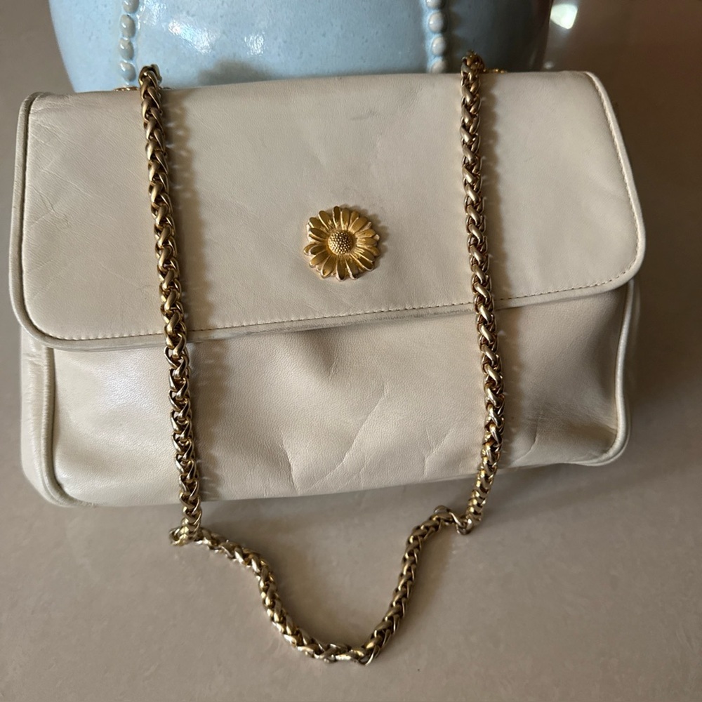 Escada Cream Leather Bag with Gold Chain flower detail